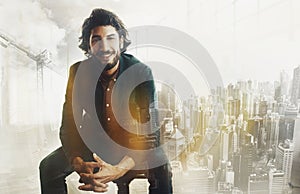 City double exposure, business man portrait and architect with a smile from success and work innovation. Architecture