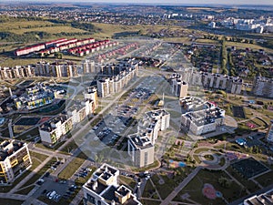 City downtown building in sunny morning, aerial view