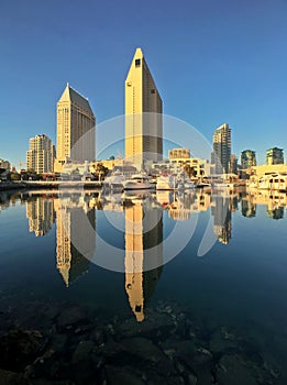 City Downtown Skyline with water reflections, San Diego, California, USA