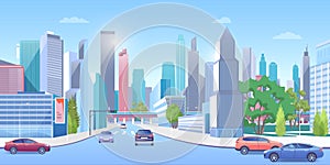 City downtown in summer vector illustration, cartoon 3d urban sunny panoramic cityscape, cars on street road, modern