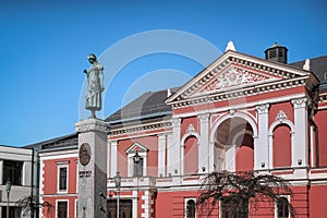 City drama theater in Klaipeda, Lithuania, where Adolf Hitler hold a speech and a monument to a German poet