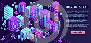 City driverless car banner, isometric style