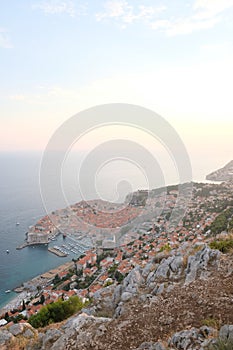 The City of Dubrovnik, Croatia, at sunset as seen from above from the viewpoint of Srd Hill. The UNESCO World Heritage