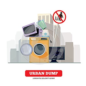 City dump. Appliance garbage from broken kitchen and household electronic equipment recycling process vector concept photo