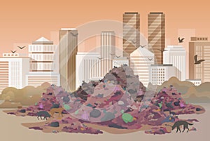 City dump, wasteland, polluted urban skyline and landfill with mixed pile of old debris