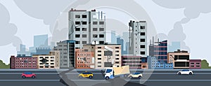 City earthquake. Cartoon natural disaster landscape with cracks and damages on buildings and ground. Vector city photo