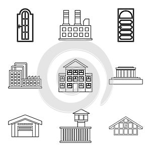 City edifice icons set, outline style