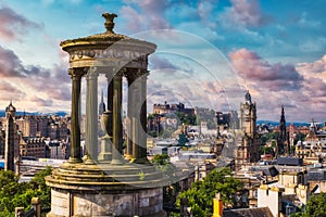 The city of Edinburgh in Scotland at sunset as seen from Calton Hill