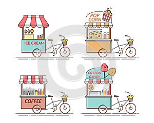 City elements of coffee, popcorn, ice cream, cotton candy bicycles. Cart on wheels. Food and drink kiosk .