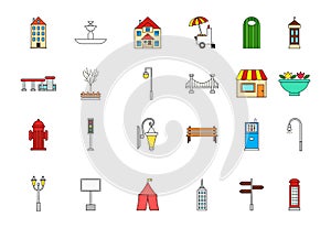 City elements colorful icons set