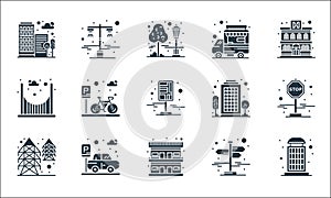 city elements line icons. linear set. quality vector line set such as phone booth, motel, electric tower, road, car, bridge,