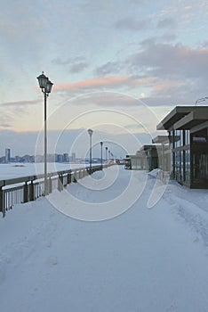 City embankment in winter evening. Kazan, Russia