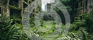 City after end of world, abandoned buildings overgrown with grass and green plants. Theme of post apocalypse, war, apocalyptic