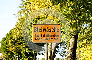 City entrance sign Bleiwäsche. City of Bad Wünnenberg.