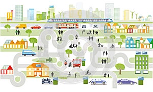 City with environmental protection, transport and houses, illustration