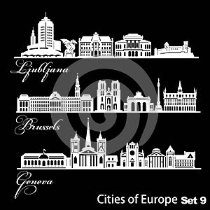 City in Europe - Ljubljana, Geneva, Brussels. Detailed architecture. Trendy vector illustration.