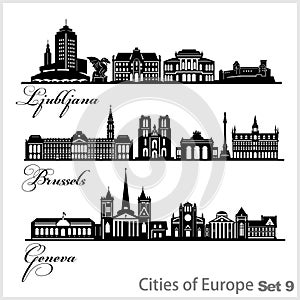 City in Europe - Ljubljana, Geneva, Brussels. Detailed architecture. Trendy vector illustration.