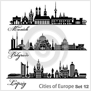 City in Europe - Munich, Belgrade, Leipzig. Detailed architecture. Trendy vector illustration.