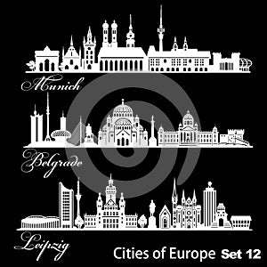 City in Europe - Munich, Belgrade, Leipzig. Detailed architecture. Trendy vector illustration.