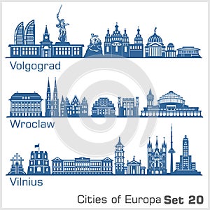 City in Europe - Volgograd, Wroclaw, Vilnius. Detailed architecture.