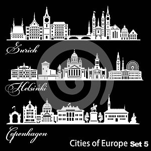 City in Europe - Zurich, Helsinki, Copenhagen. Detailed architecture. Trendy vector illustration.