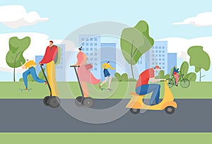 City flat people at transport, vector illustration. Urban road lifestyle, man woman character ride bike, bicycle
