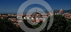 City of Florence broad panorama view with Duomo Santa Maria del Fiore and Palazzo Vecchio riverside, Florence, Italy