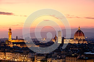 The city of Florence at sunset with the famous Duomo and the Palazzo Vecchio