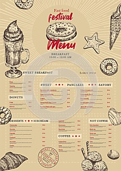 City food festival menu design template in retro style on brown old paper background. Hand drawn sketch sweety elements