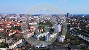 City Football Field in old town berlin. Magic aerial top view flight drone