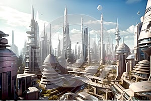 City of the Future, beautiful fantastic city view with skyscrapers, AI generative