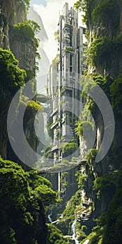 A city in the future covered in greenery, forest and trees filled the Megopolis , Abandoned , Empty streets, overgrown