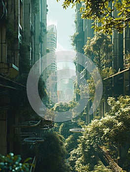 A city in the future covered in greenery, forest and trees filled the Megopolis , Abandoned , Empty streets, overgrown