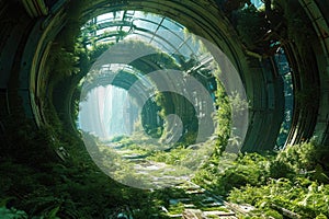 A city in the future covered in greenery, forest and trees filled the Megopolis , Abandoned , Empty streets, overgrown