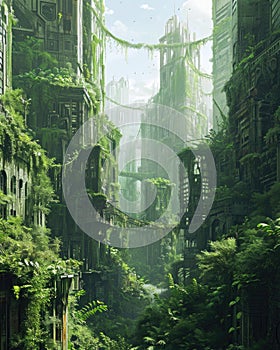 A city in the future covered in greenery, forest and trees filled the Megopolis , Abandoned , Empty streets, overgrown