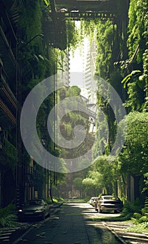 A city in the future covered in greenery, forest and trees filled the Megopolis , Abandoned , Empty streets, overgrown