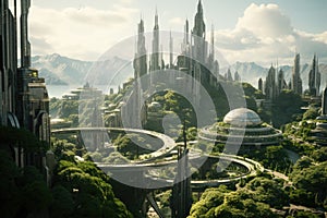 A city in the future covered in greenery, forest and trees filled the Megopolis , Abandoned , Empty streets, overgrown