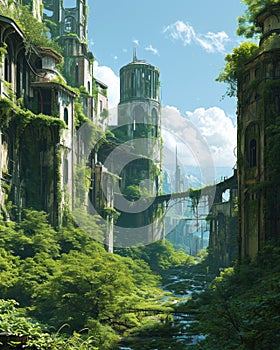 A city in the future covered in greenery, forest and trees filled the Megopolis , Abandoned , Empty streets, overgrown