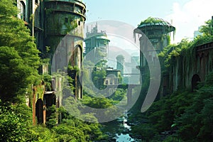 A city in the future covered in greenery, forest and trees filled the Megopolis , Abandoned , Empty streets, overgrown