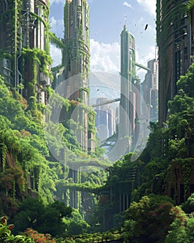 A city in the future covered in greenery, forest and trees filled the Megopolis , Abandoned , Empty streets, overgrown