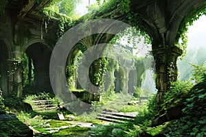 A city in the future covered in greenery, forest and trees filled the Megopolis , Abandoned , Empty streets, overgrown