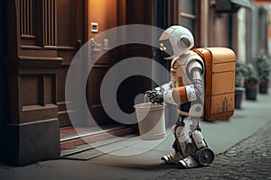 city futuristic robot in courier on delivery bag food illustration Generative AI