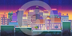 City game background 2d game application. Vector design. Tileable horizontally.