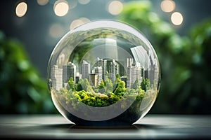 City Garden in Round Glass Cover. Save the Planet and Energy Concept