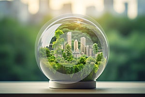 City Garden in Round Glass Cover. Save the Planet and Energy Concept