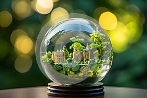 City Garden in Round Glass Cover. Save the Planet and Energy Concept