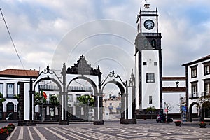 City gate Portas da Cidade and church of Sao Sebastiao Matriz in of Ponta Delgada, Azore