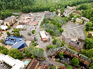 city of Gatlinburg in Tennessee and the Great Smoky Mountains from a bird\'s eye view, a tourist mecca