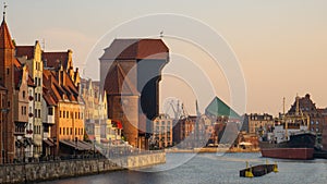 City Gdansk with the oldest medival port crane called Zuraw and a promenade.