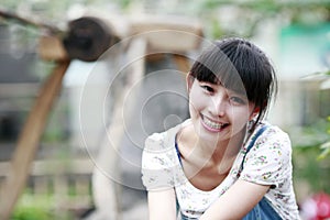 City girl in the farm courtyard.